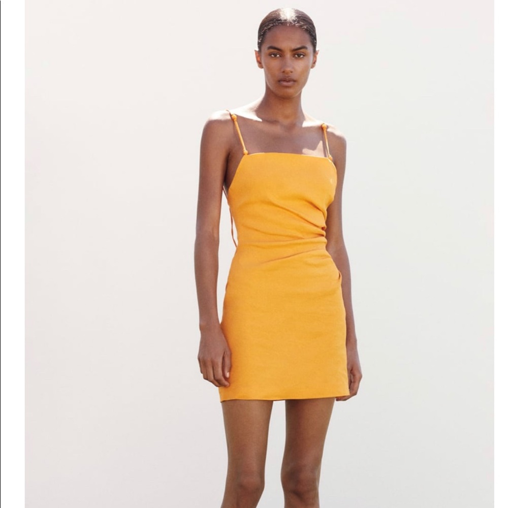 Zara orange linen blend dress mango mini beaded draped
